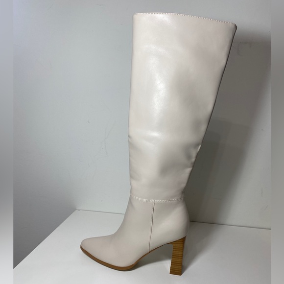 New Cream Block High Heel Women Knee Fall White Boots - Picture 4 of 7